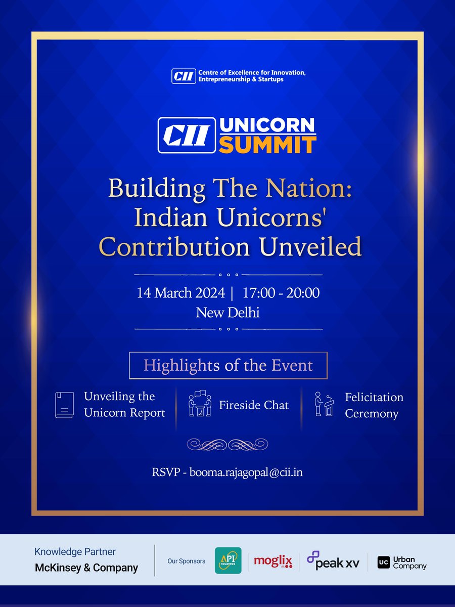 Celebrating the thriving ecosystem powering India's startup revolution, CII proudly presents the #CIIUnicornSummit2024, scheduled for March 14, 2024, in New Delhi. The summit will showcase the strength, innovation, and unity of the Indian #startup community. Don't miss out!