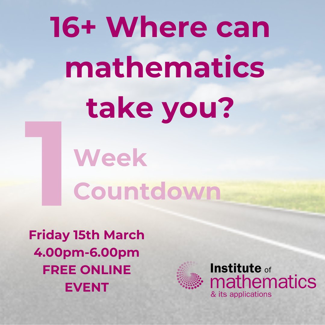 1 week until the IMA's FREE online event, 16 + Where can mathematics take you? Follow the link below to secure your place. #IMAEVENTS #IMAILOVEMATHS #maths #mathematics #ALevelMathematics #MathsEducation #mathskills ima.org.uk/23369/16-where…