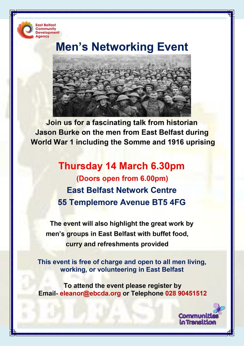 East Belfast Community Development Agency invites you to their men's networking event on the evening of Thursday 14th March 2024 ...