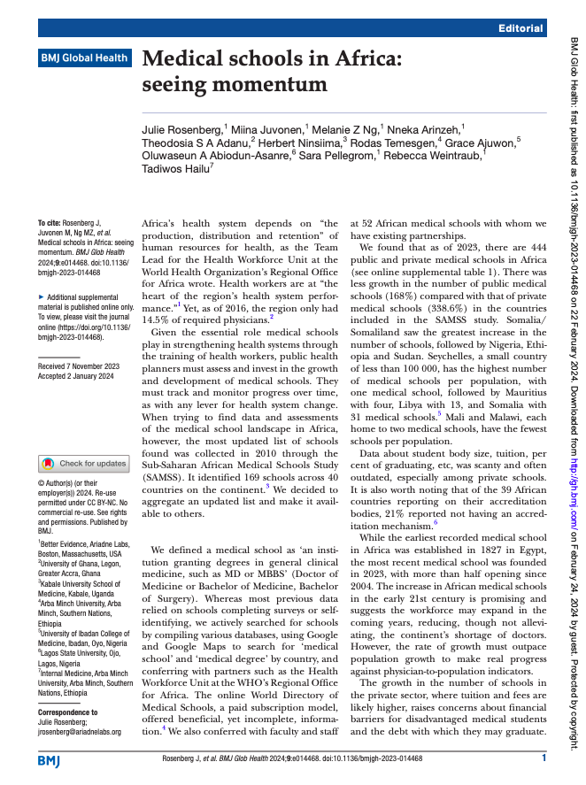 "Given the essential role medical schools play in strengthening health systems through the training of health workers, public health planners must assess and invest in the growth and development of medical schools."

📣 New Editorial ➡️ gh.bmj.com/content/9/2/e0…