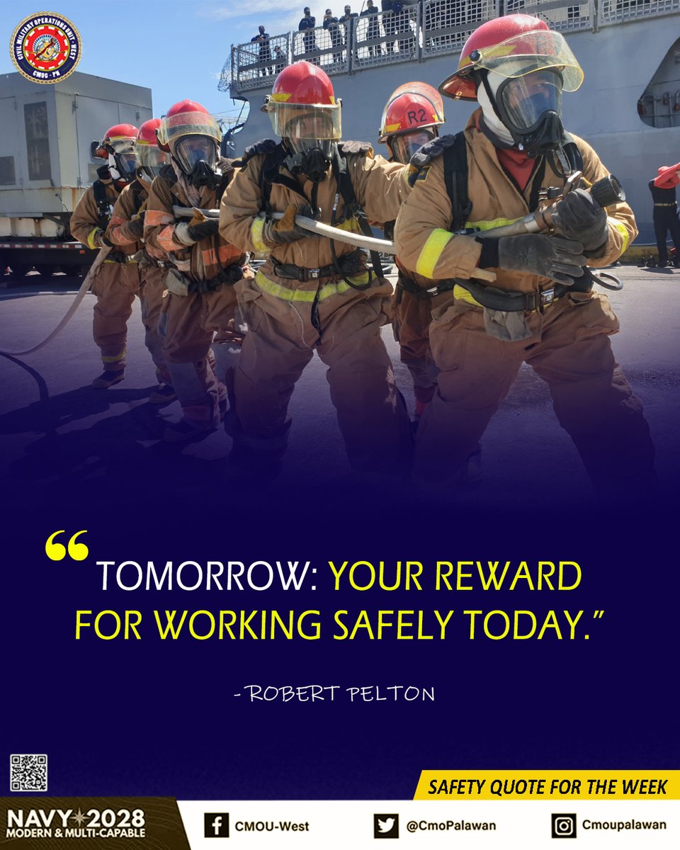 READ | The Philippine Navy's Safety Quote for the Week
 
'Tomorrow: your reward for working safely today.”
- Robert Pelton

ctto.... 

#protectingtheseassecuringourfuture
#ModernandMultiCapablePHNavy
#AFPyoucanTRUST
#DefendersoftheWesternFrontier
#WarriorDiplomats