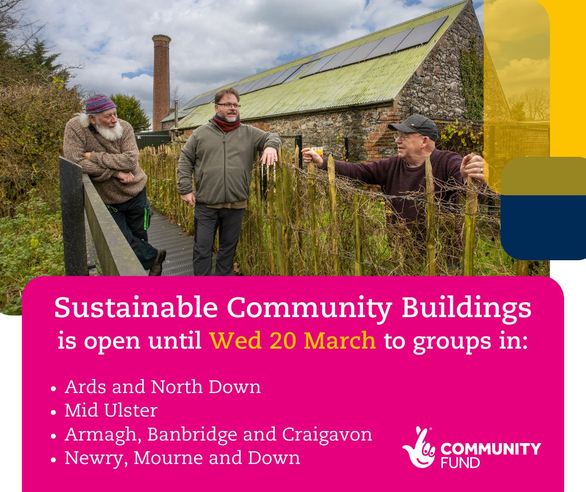 Want to take steps to make your organisation more environmentally friendly? Sustainable Community Buildings is now open in Armagh, Banbridge & Craigavon, Mid Ulster, Ards & North Down and Newry, Mourne & Down council areas. Find out more and apply ⬇️ tnlcommunityfund.org.uk/funding/progra…