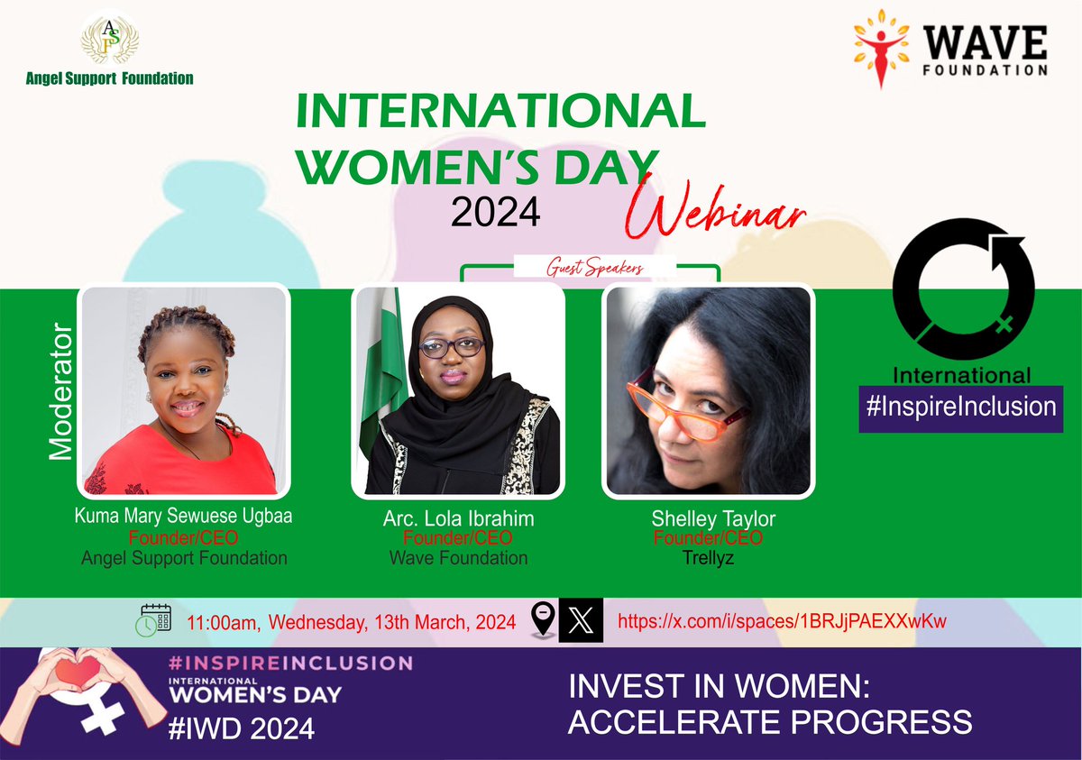 Join and listen to our speakers on Wednesday 13th March, 2024 via the link x.com/i/spaces/1BRJj… as they speak about the need to #InspireInclusion.

#ASF 
#IWD2024 
#InspireInclusion