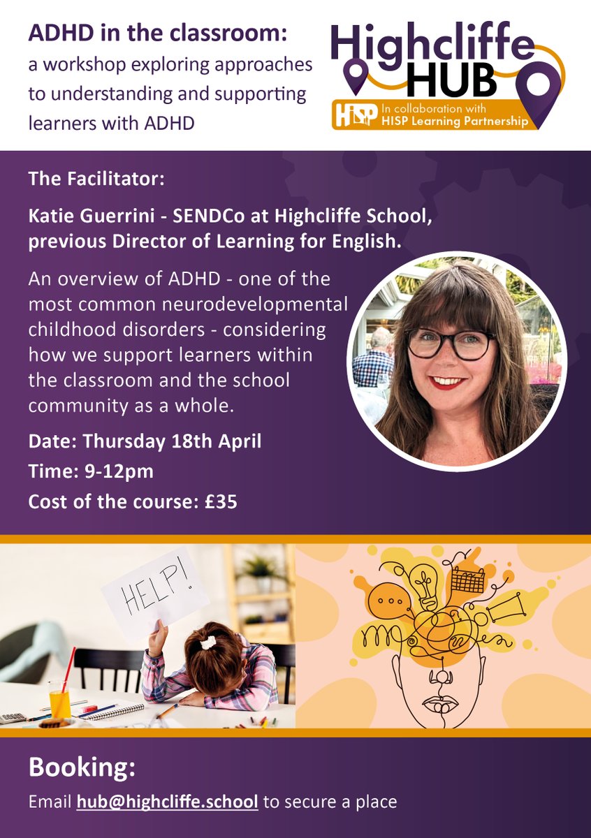 HighcliffeTL's tweet photo. Calling all TAs and Teachers interested in improving their knowledge and support toolkit for learners with ADHD – join us at the Highcliffe Hub for this brilliant session.

Email hub@highcliffe.school to secure a place. https://t.co/APzYHobm7m