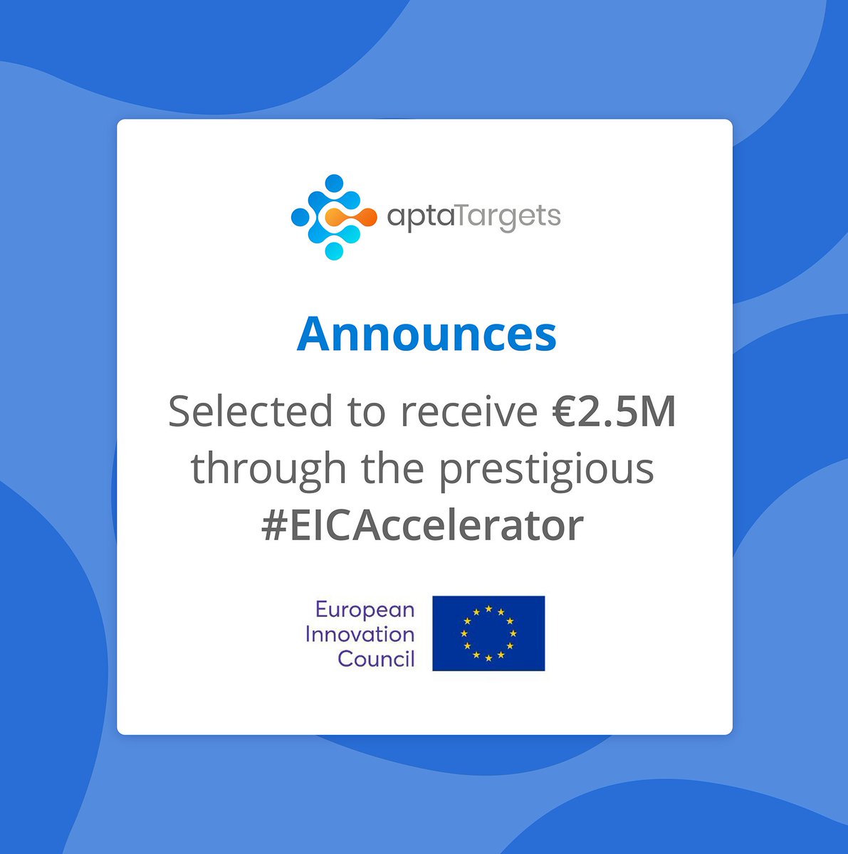 We are thrilled to announce that over 1,000 companies in Europe, aptaTargets was selected for the #EICAccelerator by @EUeic.

It secures €2.5M grant to start the Phase 2b clinical trial with #ApTOLL in patients with #AcuteIschemicStroke:

bit.ly/3v5tg0O