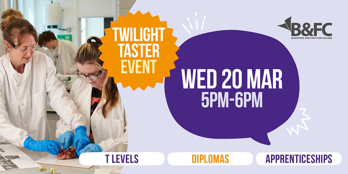 Are you a school leaver? 🏫 🏫 🏫 🏫 🏫 Get a taste of the subjects you are interested in on Wed 20 Mar 5pm-6pm at Bispham Campus and the University Centre! Find out which campus to attend at blackpool.ac.uk/events