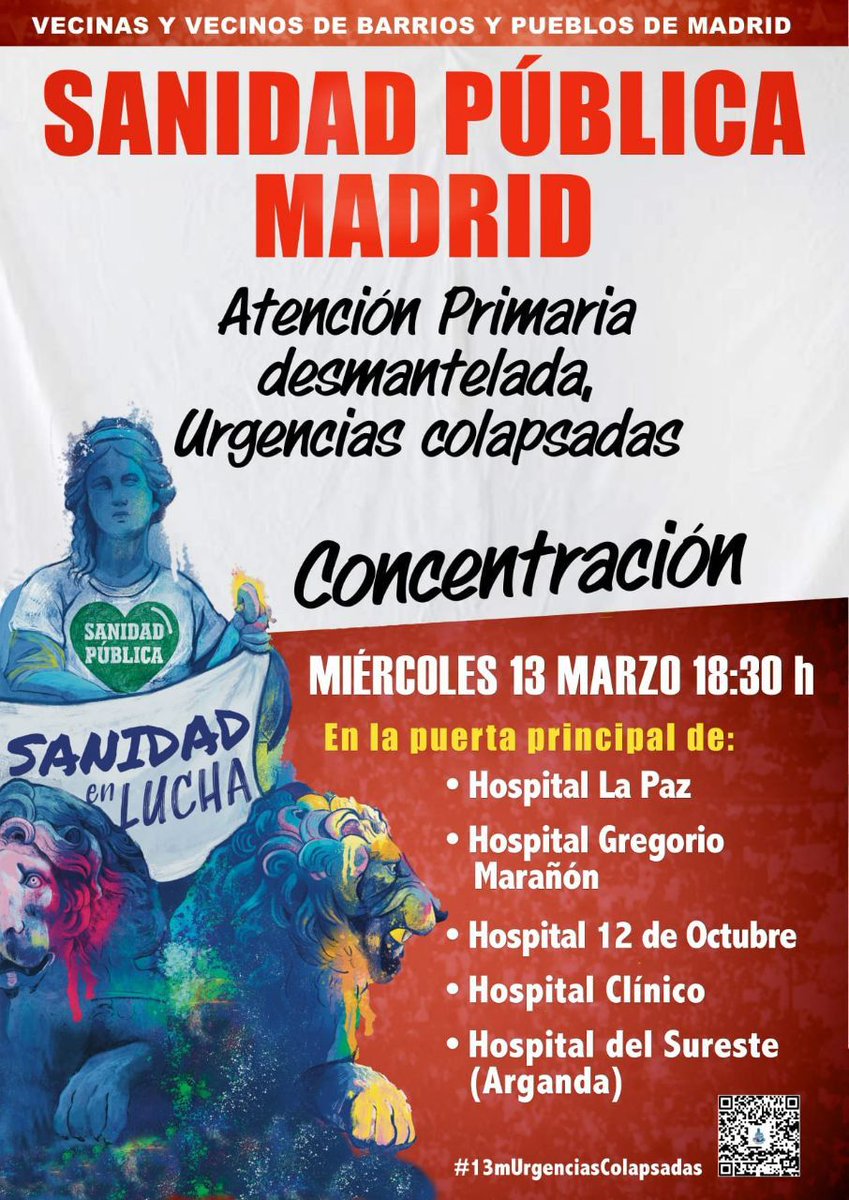 Desde el Grupo de Salud de Chamberí,  convocamos a los vecinos y vecinas del Distrito el miércoles 13 de Marzo a la concentración delante del Hospital Clinico Puerta G en defensa de nuestra #sanidadpública .
Os esperamos!!! La lucha vecinal es el único camino