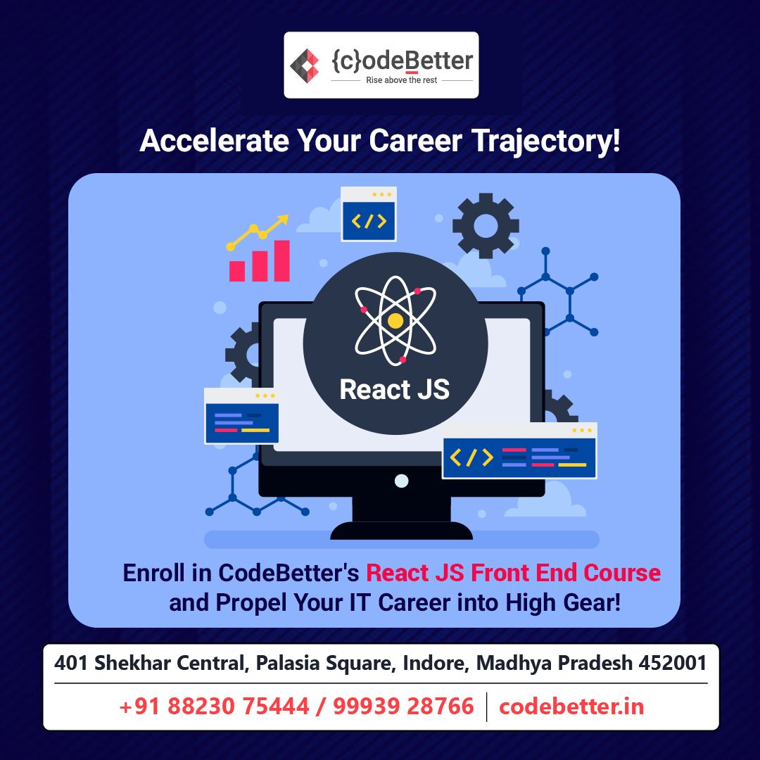 Join React JS Front End course at CodeBetter and start your IT career faster! 
Visit Us:buff.ly/2ERrdSx
#Datascience #Python #Django #Testing #iphoneappdevelopment #InternshipInIndore #Dataanalysis #powerBI #itcompanies #onlinetraining