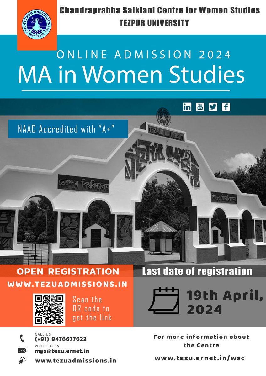 #AdmissionsOpen Chandraprabha Saikiani Centre for Women Studies, Tezpur University is offering MA Programme in Women Studies. * * For details, visit: : tezuadmissions.in/public/