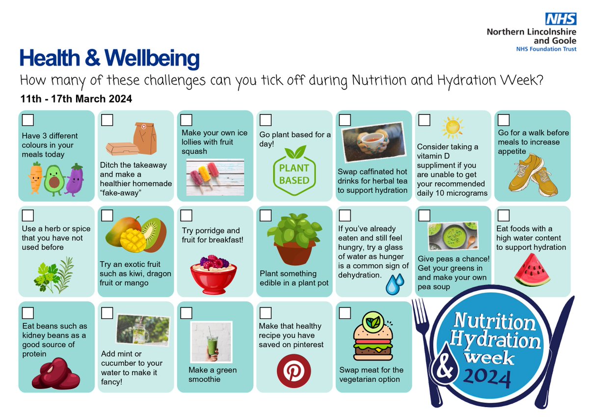 nlaglibs's tweet photo. It's Nutrition and Hydration Week 2024! Dietitians are raising awareness of the impact of nutrition and hydration on health.    

So why not fill out this chart from @NHSNLaG especially for your #Wellbeing  this week

 #NHWeek2024 #NHWeek

@NHWeek
@NLaGDietitians @NLaG4Wellbeing https://t.co/X7cqXj4jVh