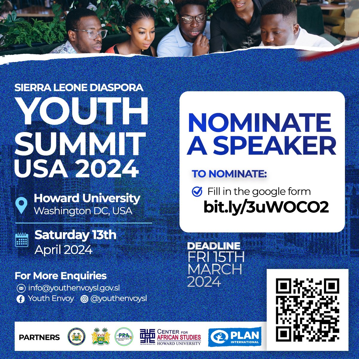 YouthEnvoyGoSL's tweet photo. Do you have someone in mind that you'd love to hear speak at the Sierra Leone Diaspora Youth Summit in the USA this April? Nominate a speaker by filling out this form: https://t.co/iRBRp8IcIM. Share why you think they would be a perfect fit to inspire &amp;empower our youth!
#SaloneX https://t.co/W2mLpHWRIV