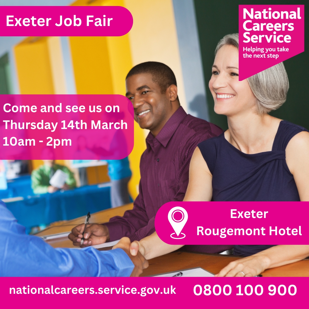 Careers_SWest's tweet image. Our National Careers Service advisers will be at the Exeter Careers Fair at The Exeter Rougemont Hotel
on Thursday 14 March between 10am - 2pm. To find out about the National Careers Service visit nationalcareers.service.gov.uk or  call on  0800 100 900. #Exeter #ExeterJobs #DevonJobs