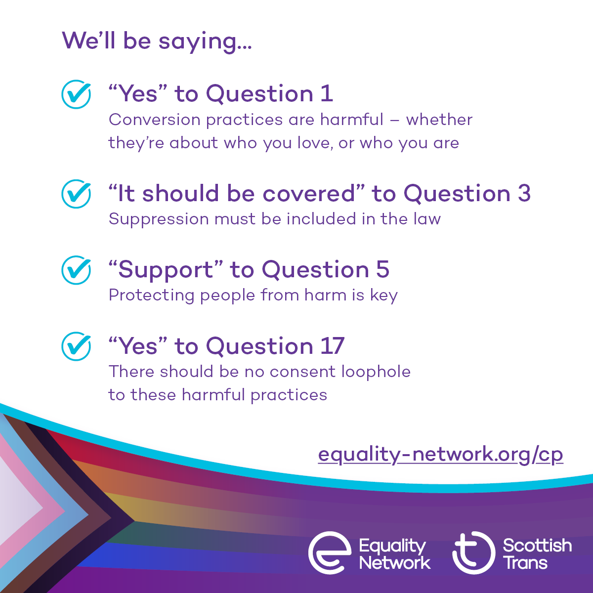 Conversion practices seek to change or suppress who we are and who we love on the basis that being LGBTQA+ is 'wrong', and that it's better to be heterosexual and/or cisgender. Help end conversion practices in Scotland – respond to the consultation today: equality-network.org/cp