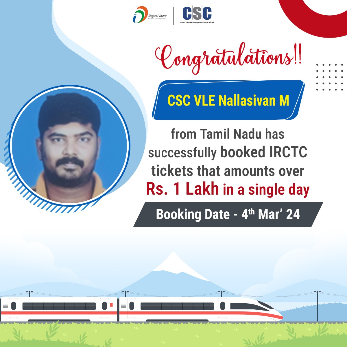 Happy to inform you! We extend our heartfelt congratulations to CSC VLE Mr. Nallasivan M, for achieving the remarkable feat of IRCTC booking tickets amounting to over 1 Lac in a single day. His persistence and dedication are truly remarkable. #CscSafar #Railway #Digitalindia