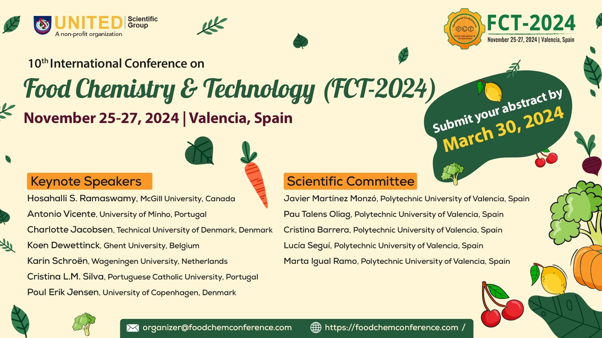 Please join and present your research work at the #FCT2024 Abstract submission is open. Submit your abstract at the earliest and get registered by April 1, 2024. Please visit: foodchemconference.com @mcgillu @UMinho_Oficial @DTUtweet @ugent @WUR @UCPH_Research @UPV @foodupv