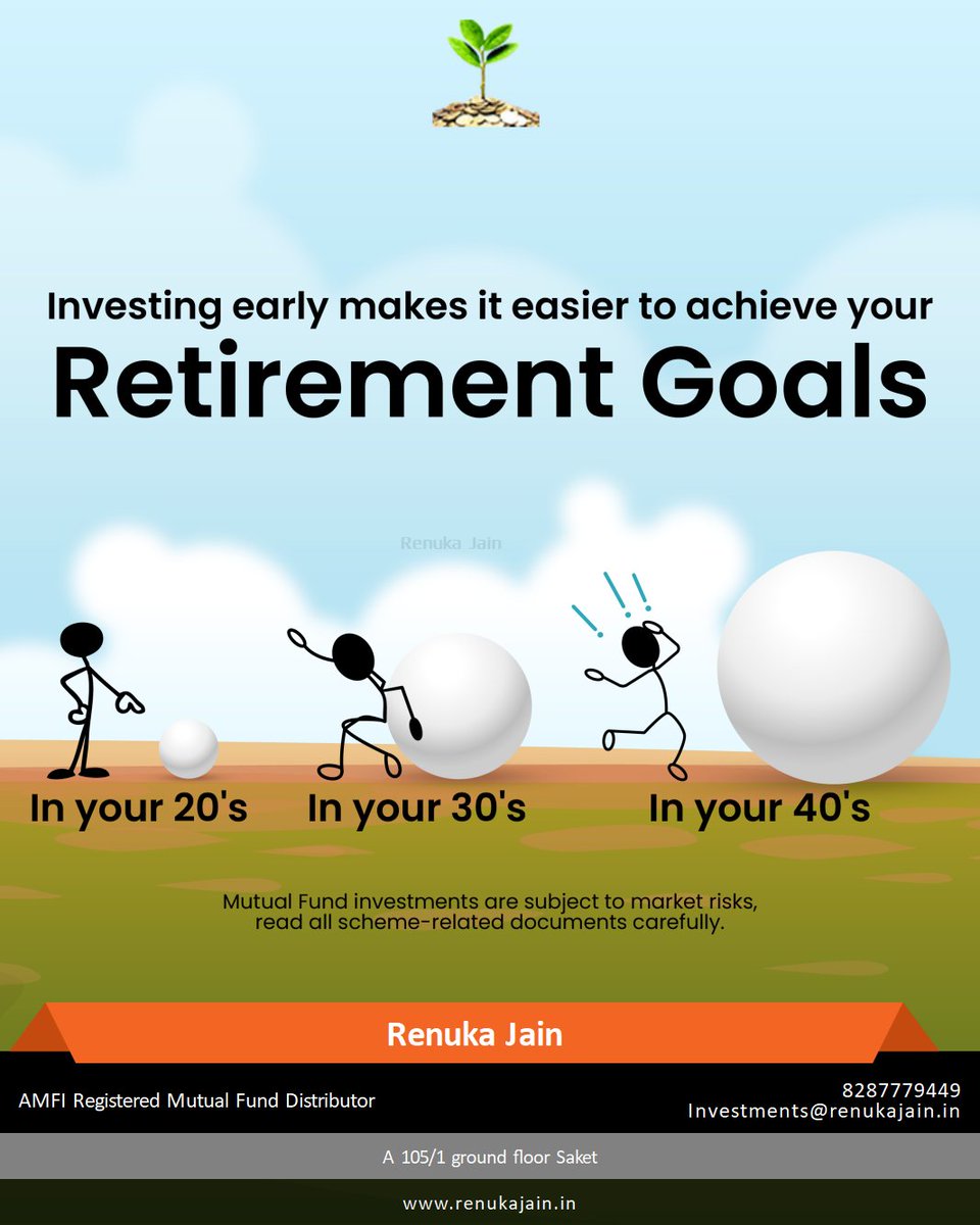 RenukaJain6's tweet image. Start Early, Retire Happy: The Key to Successful Retirement Planning. #RetirementPlanning #StartEarly #FinancialFreedom For More details click u4873.app.goo.gl/PEeV7UCpo224H9…. Happy Investing, contact us investments@renukajain.in.  know us on renukajain.in