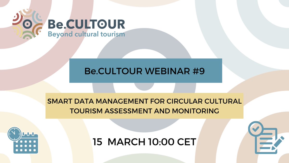 Our final Be.Cultour Webinar is on March 15th at 10:00-11:30am CET! Don’t miss the opportunity to learn more about smart data management for circular cultural tourism assessment and monitoring. Registration ec.europa.eu/eusurvey/runne…. @ERRINNetwork @CNRsocial_ @ICLEI_Europe