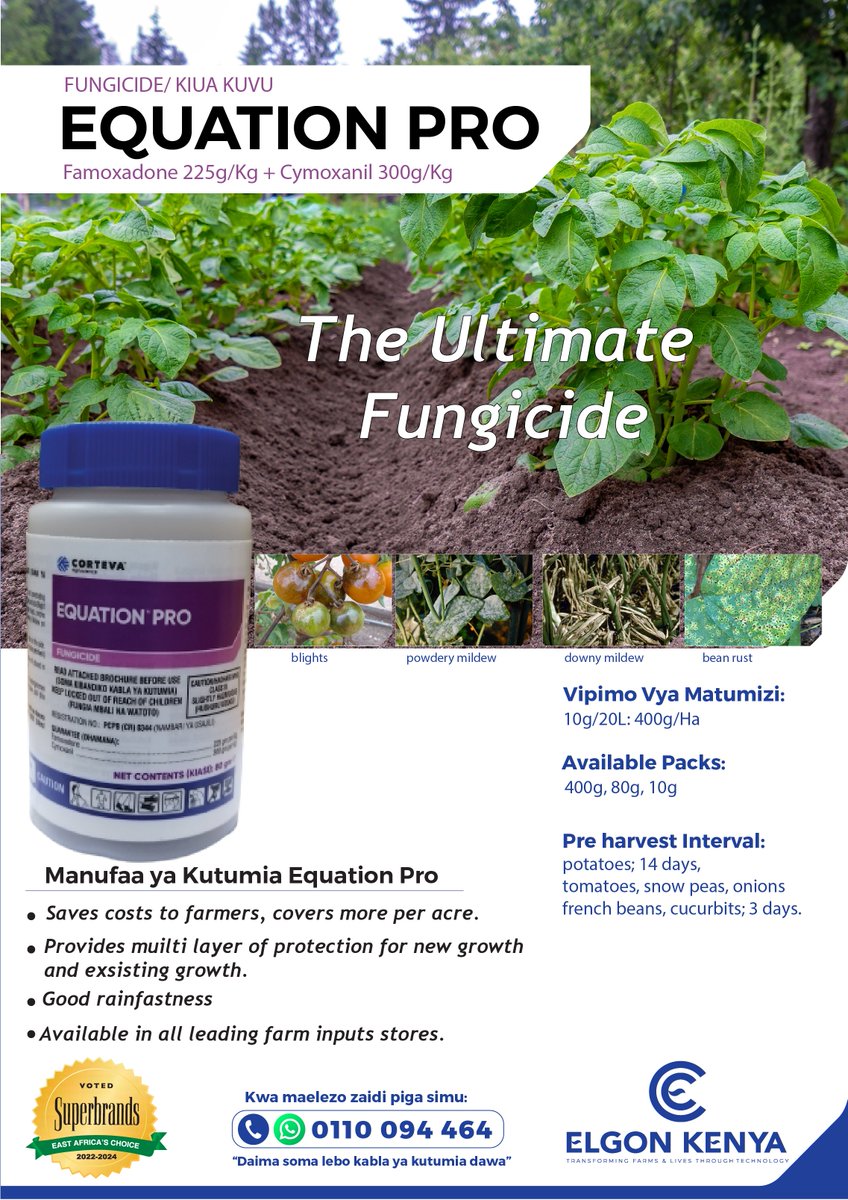 · EQUATION PRO: The best broad spectrum & penetrating fungicide for your field crops and vegetables with a stay green effect. It controls early and late blights on potatoes; late blight on tomatoes. Downy mildew on snow peas/ sugar snaps, onions and ornamentals. 📞0110 094 464