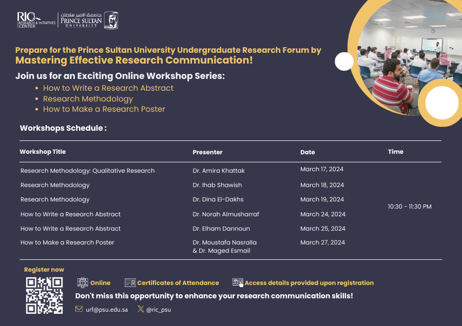 ric_psu's tweet image. Enhance your research skills with our engaging workshop series featuring: Research Abstracts, Methodology, and Poster Design. 
Register now! 
bit.ly/3TuIC8A
#URF8