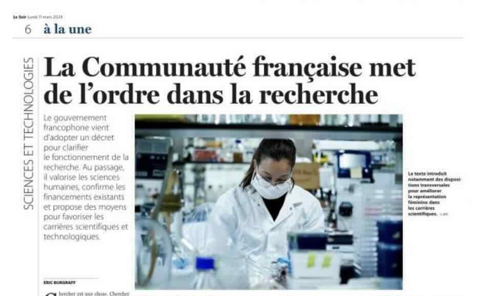 Dans <a href="/lesoir/">Le Soir</a> <a href="/EBurgraff/">Éric Burgraff</a> aujourd’hui : “La Communauté française met  de l’ordre dans la recherche. (...) le décret confirme sa confiance dans le <a href="/frsFNRS/">F.R.S.-FNRS</a> comme acteur majeur dans le secteur (...)".