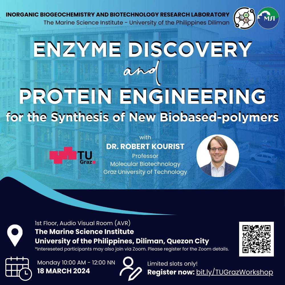 msi_ibrlab's tweet photo. You are cordially invited to join us on Monday, March 18, 2024, at 10:00 AM for a talk by Dr. Robert Kourist on "Enzyme Discovery and Protein Engineering for the Synthesis of New Biobased-polymers". https://t.co/qzppP4YQha