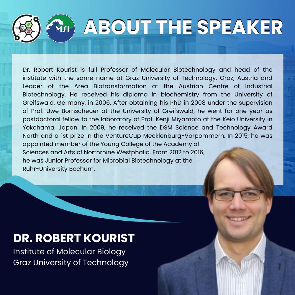 msi_ibrlab's tweet photo. You are cordially invited to join us on Monday, March 18, 2024, at 10:00 AM for a talk by Dr. Robert Kourist on "Enzyme Discovery and Protein Engineering for the Synthesis of New Biobased-polymers". https://t.co/qzppP4YQha