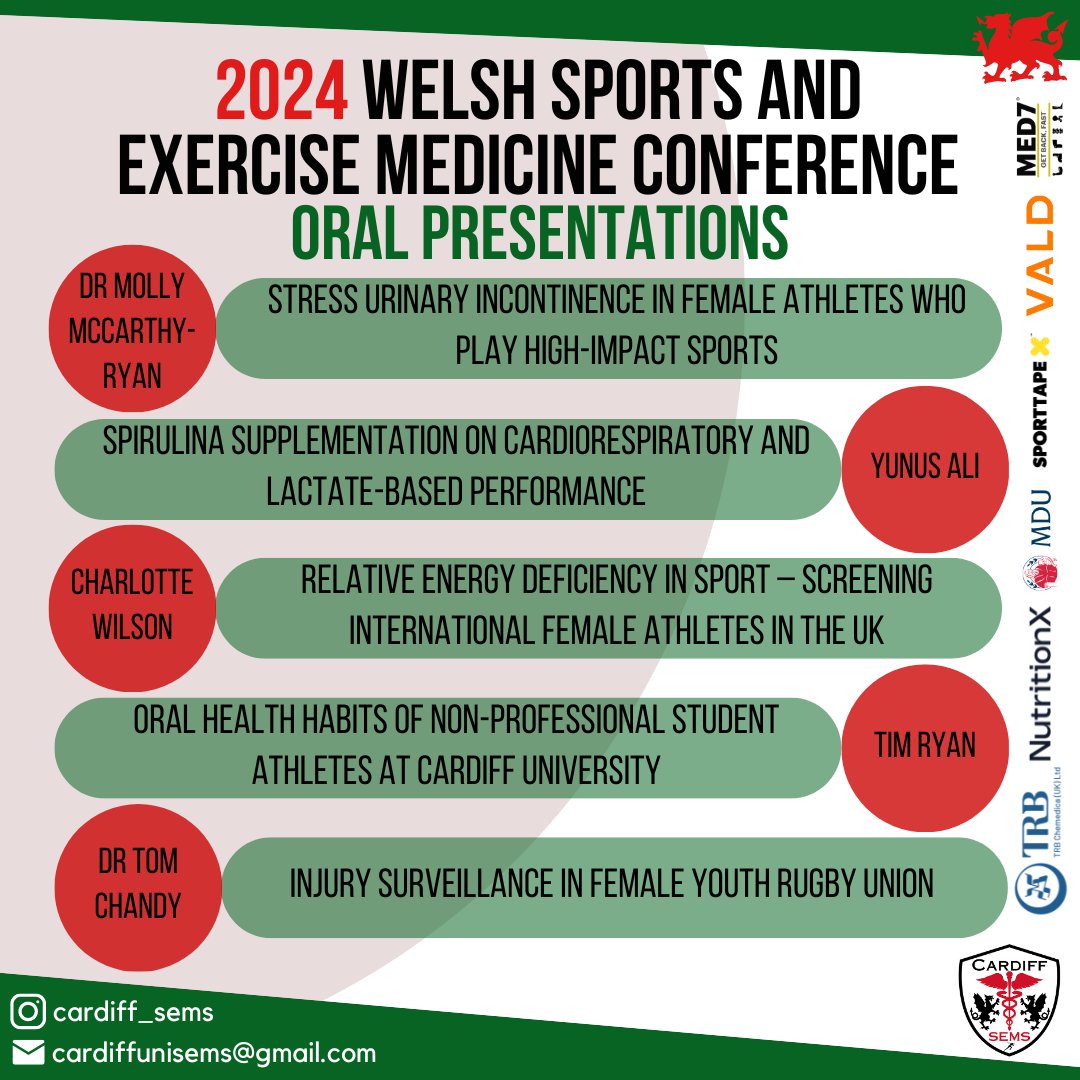 📢 Oral Presentations 📢 We are pleased to announce the following oral presentations at the Welsh Sports and Exercise Medicine Conference 2024! Link to tickets for the event: eventbrite.co.uk/e/welsh-sport-…