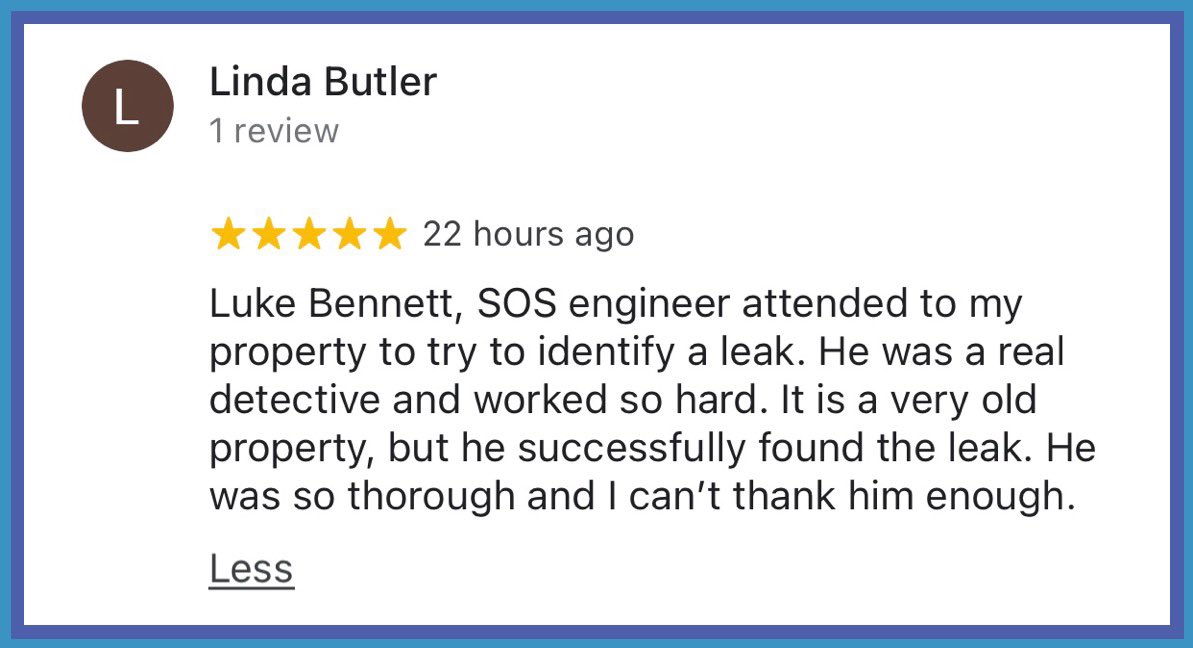 Always amazing to come into work on a Monday morning and see reviews like this on Google ⭐️⭐️⭐️⭐️⭐️ Well done to leak detection specialist Luke. #TeamSOS #LeakDetection