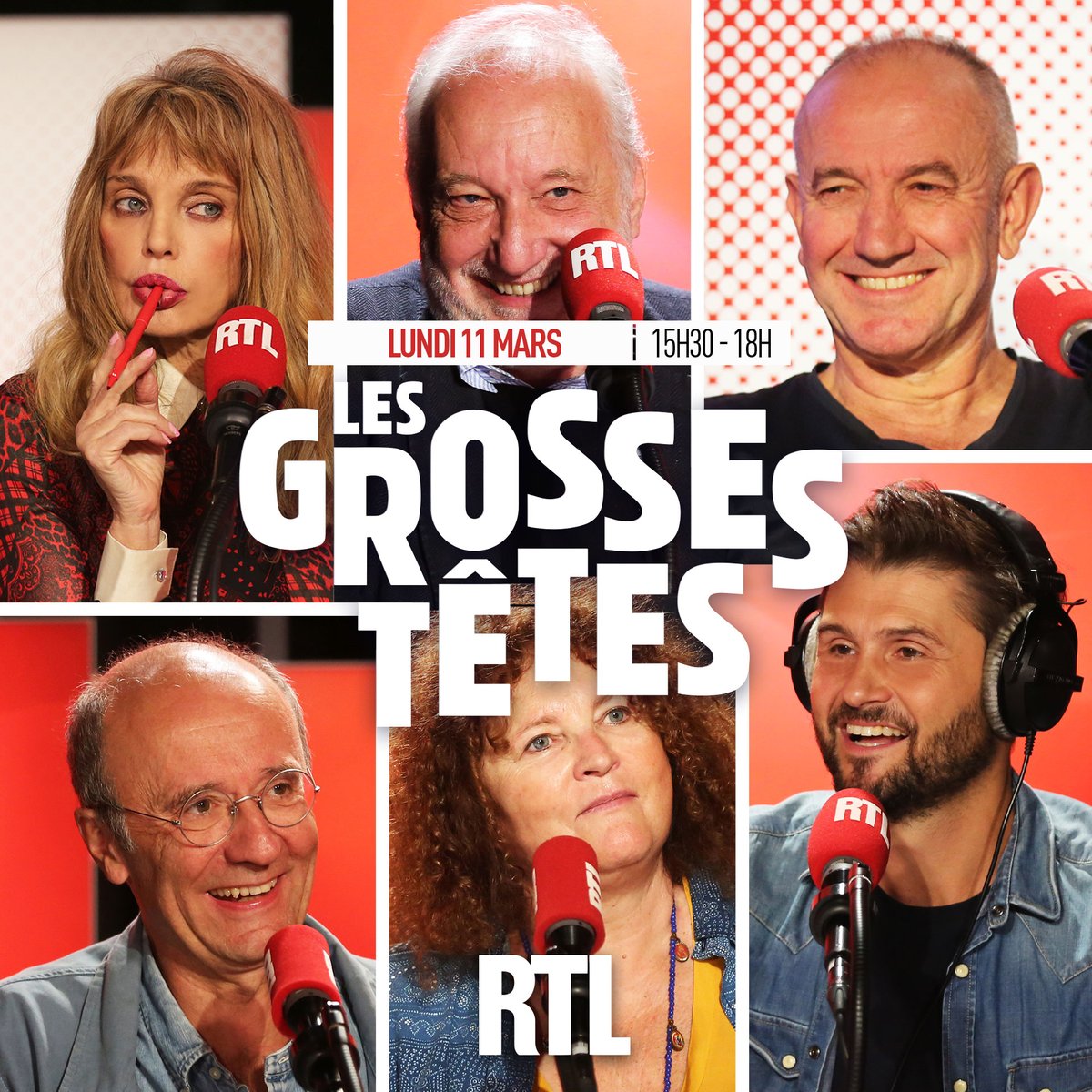 Bonjour à tous ! Découvrez Les Grosses Têtes de ce lundi 11 mars. Autour de @ruquierofficiel aujourd'hui : 🎬#FrançoisBerléand 🐱 @GeluckOfficiel 🎭 #ValérieMairesse 🖋️#PhilippeClaudel 🎞️ @ArielleDombasle 🎙️ @Tof_Beaugrand 📻 Coup d'envoi de l'émission 👉 15h30 sur RTL