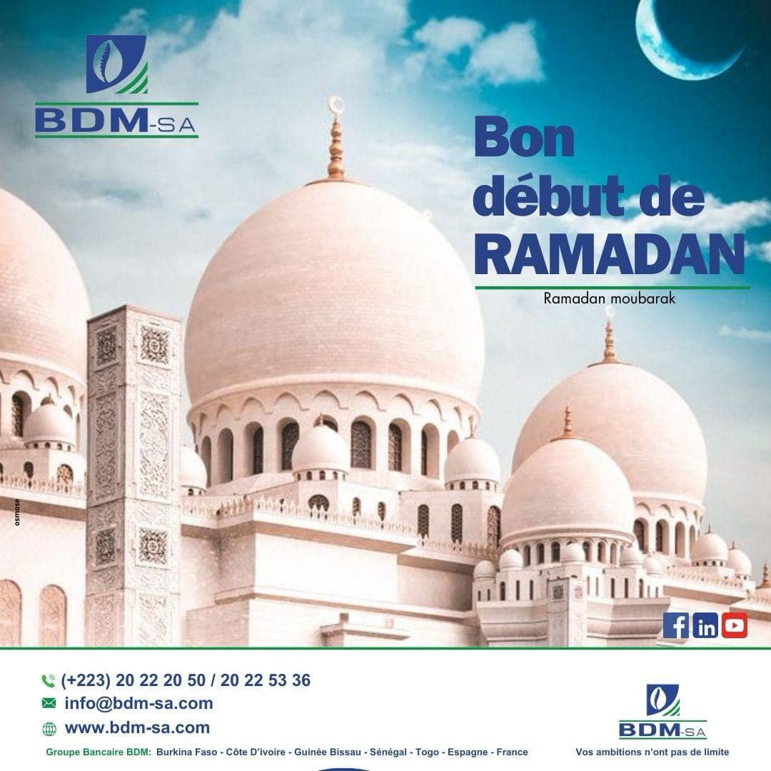 [BON DÉBUT DE RAMADAN]
La Banque de Développement du Mali souhaite un bon mois de Ramadan à tous les fidèles musulmans.
#RamadanKareem #GroupeBDM