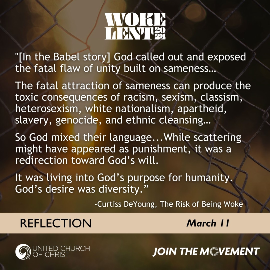 UnitedChurch's tweet photo. π Reflection: Sameness can produce toxic consequences of racism, sexism, classism, heterosexism, white nationalism, apartheid, slavery, genocide & ethnic cleansing...Godβs desire is diversity.
β¬οΈ #WokeLent2024 calendar: https://t.co/veKuD9gfgp
#Lent #UCCMovement https://t.co/G2BOkVrHxW
