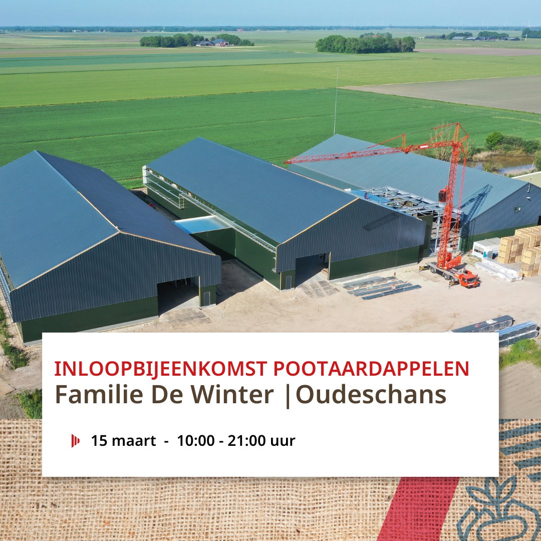 Op vrijdag 15 maart wordt er door Miedema Bouw en Tolsma-Grisnich een inloopbijeenkomst georganiseerd bij Agrico teler De Winter in Oudeschans. Tijdens deze open dag kunnen de bezoekers de twee nieuwe moderne bewaarplaatsen bezichtigen. 

Kom je ook naar de inloopbijeenkomst?