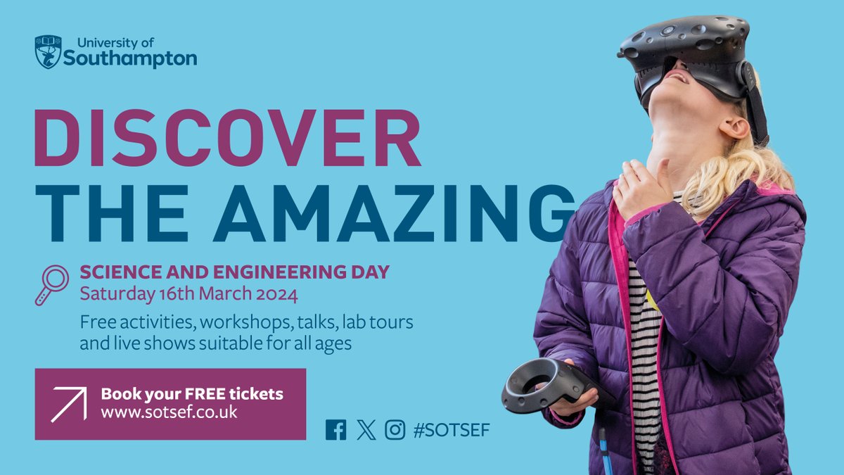 📢 SCIENCE AND ENGINEERING DAY IS THIS SATURDAY! 🦖🔭 🌊 ⚗️ ⚛️ 🐟 🌳 🐞 😀 Get ready to discover the amazing with a whole day of awesome science for everyone! 🎟️ Book your FREE tickets 👉 sotsef.co.uk @unisouthampton #SOTSEF 🔍 #BSW24