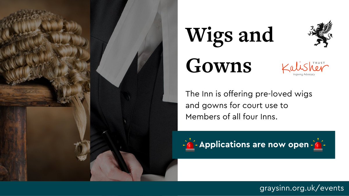 Pre-loved wigs and gowns are now available to you! If you require a wig and/or gown for court use, have a look at our scheme and submit your application. 👥Available to Members of all four Inns. @kalishertrust 📌Read the T&Cs and apply here: ow.ly/2Eha50QOF6z