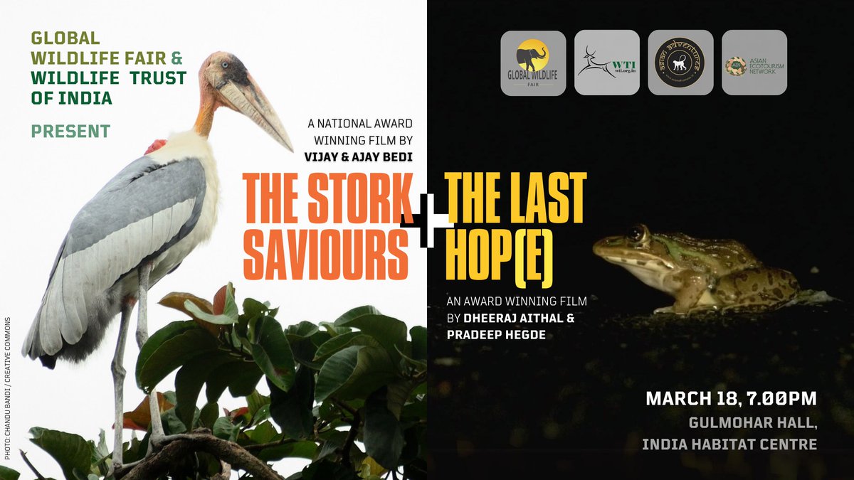 Join us for this month's wildlife film screening! Presented by Global Wildlife Fair, Wildlife Trust of India, @PSBTINDIA & @moundainFilms 📽️ The Stork Savior (2019) 📽️The Last Hop(e) (2020) 18 March | 7:00 pm | Gulmohar Hall, IHC