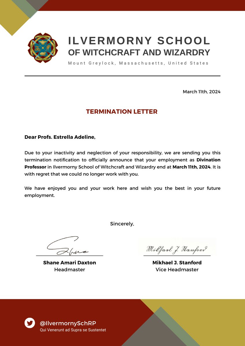 📅 11/03/2024

Username      : <a href="/Profs_Estrella/">Estrella.</a>
Vault Code     : VP-930113
Subject ㅤ       : Dismissal

Cc. <a href="/MrDaxton/">Shane.</a>, <a href="/Prof_Stanford/">Stanford</a>, <a href="/ILVRGringotts/">Gringotts Bank of Ilvermorny</a>, <a href="/ILVR_Wandshop/">MADAME? BEAUVAIS!</a>, <a href="/ILVR_Petshop/">Nene-chan.</a>.