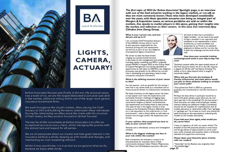 In our series for <a href="/actuarialpost/">Actuarial Post</a> , the Bolton Associates’ Spotlight page interviews the lead actuaries working in the legacy markets, or run-off, as they are more commonly known. This month Zoe Bolton interviewed Ajay Chhabra, Darag Group
bit.ly/3Pice6x