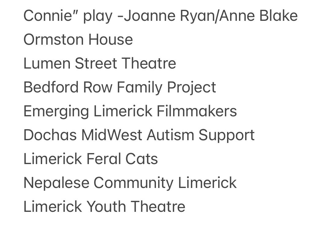 I am delighted to be able to give €500 through my community initiative funding to these very worthy projects 🎭 🐈 🎥 💙These will all be approved at next @LimerickCouncil with funding to be received after this. I am in awe of the work these 9 fantastic community groups do👏👏