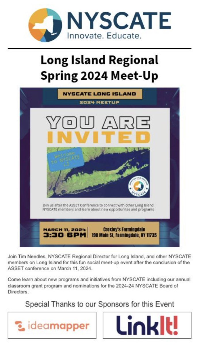 Attending #ASSET24 today? Join our <a href="/NYSCATE/">NYSCATE 💡💻</a> meetup afterwards at Croxley’s around the corner from <a href="/assetny/">ASSET</a> at 3:30pm in Farmingville sponsored by <a href="/idea_mapper/">ideamapper</a> &amp; <a href="/LinkItAnalytics/">LinkIt!</a> to connect with other #LongIsland #edtech educators &amp; #NYSCATE members! conta.cc/3T3Ho2x