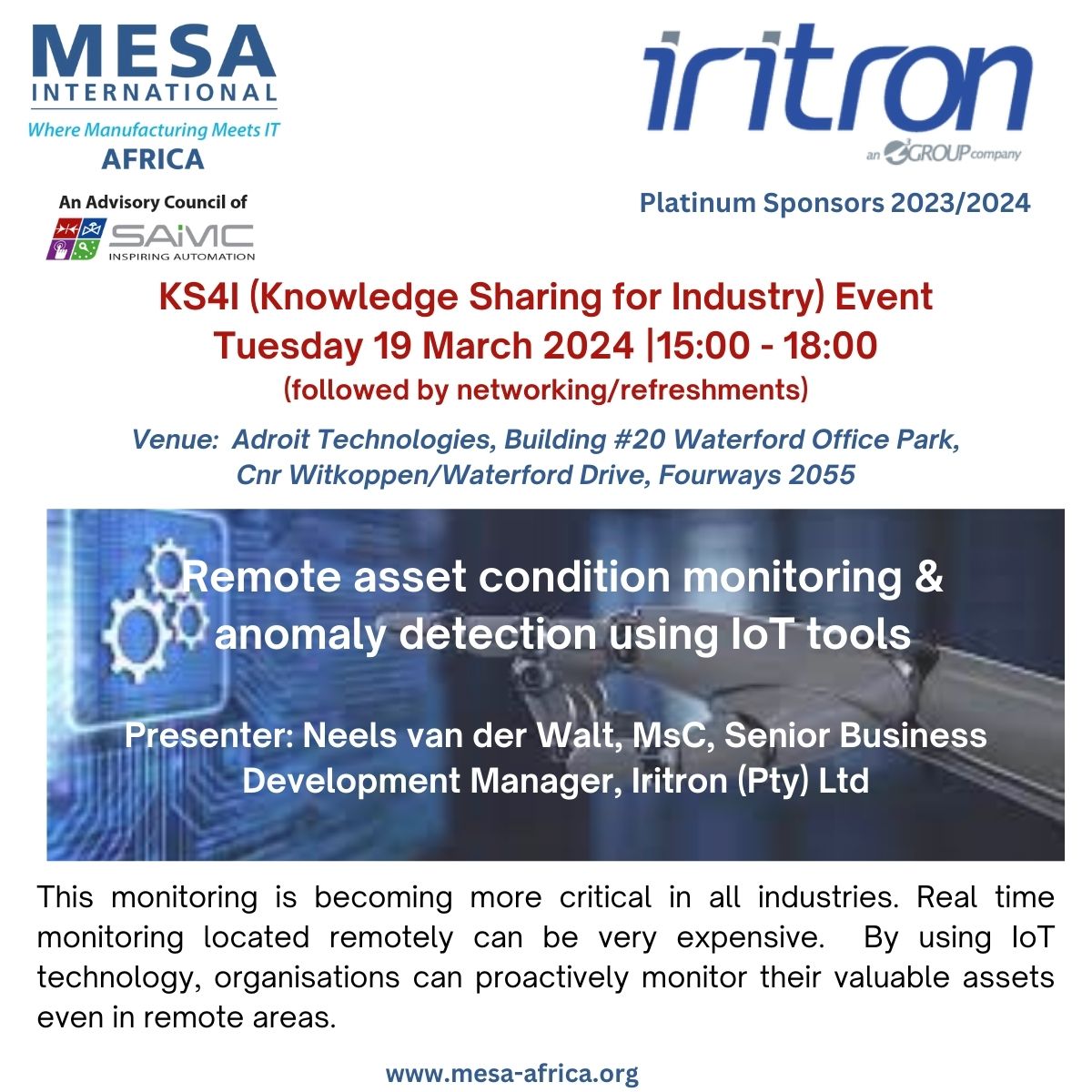 HAVE YOU REGISTERED YET?

MESA Africa is pleased to have Iritron (Pty) present on remote real-time monitoring. Surely it's worth learning about any technology that helps with financial savings and easy monitoring systems.?

mesa-africa.org/blog/knowledge…