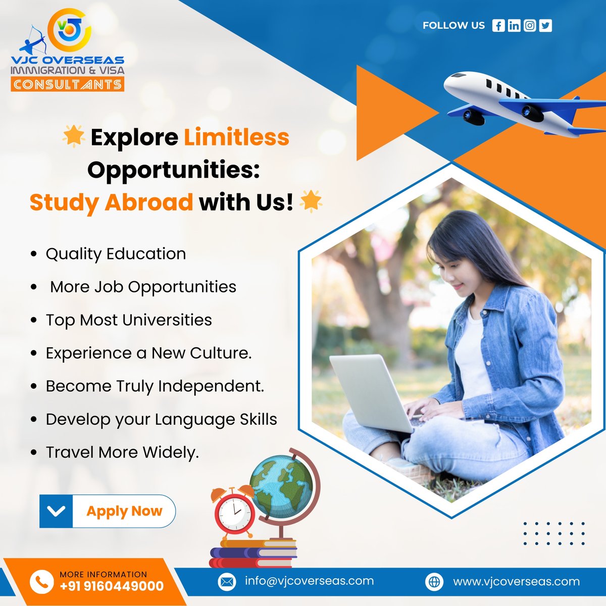 VJCOVERSEAS's tweet photo. "Unlock global opportunities with hassle-free study abroad journeys through our expert visa consultancy services."
Apply now for the upcoming intake in 2024!
+91 9160449000
https://t.co/yQRDUUjxhl
#IELTS #masters #studyabroadbecause #scholarships #indianstudents #vjcoverseas https://t.co/j7hM6kpA46