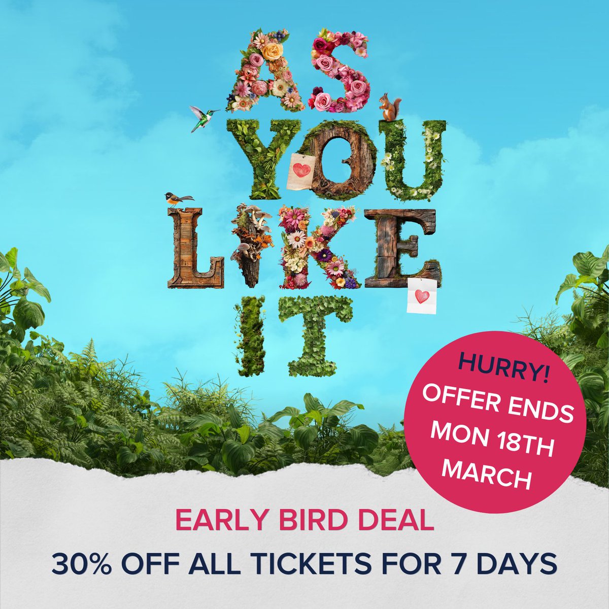 🎭  Outdoor Theatre at Torre Abbey  🎭 

@dukestheatreco are offering a 30% Early Bird Ticket deal for the next 7 days, to celebrate the opening of ticket sales for As You Like It. 

⚠️ Hurry - the deal expires on Monday 18th March!