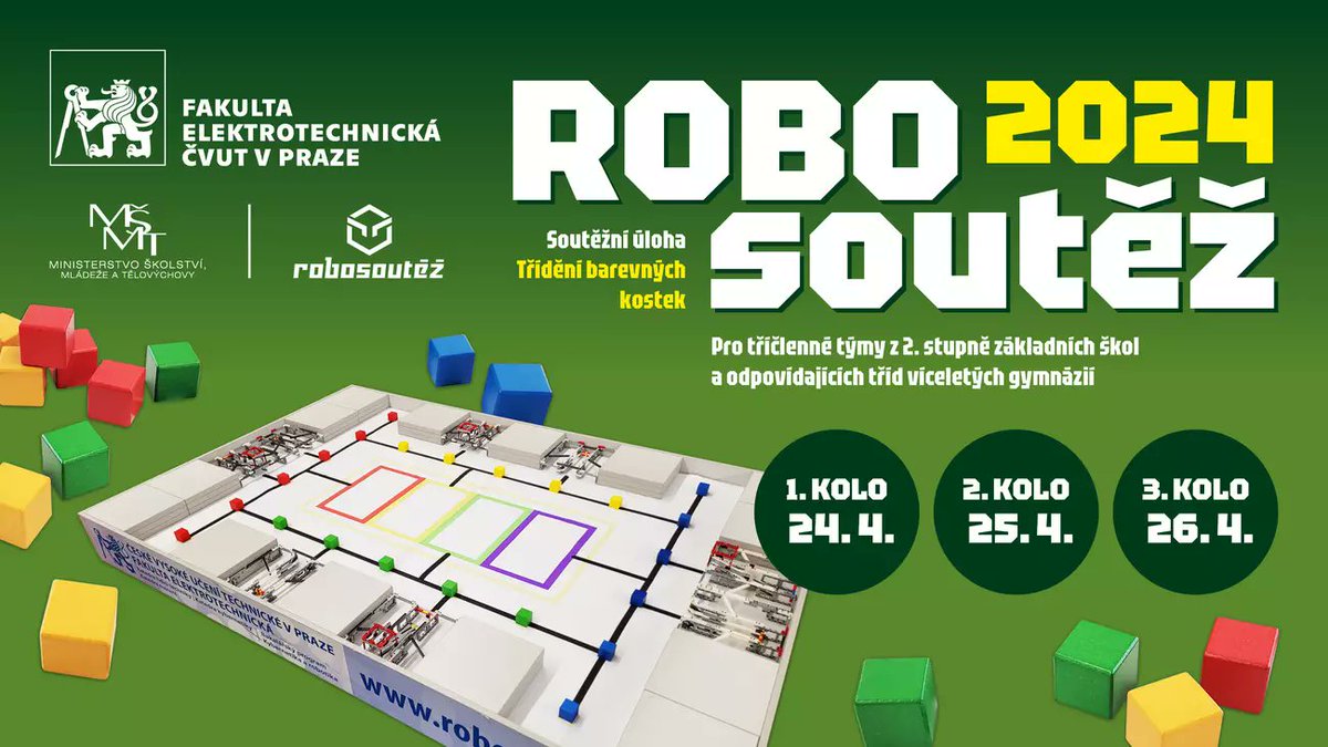 🤖Příležitost pro kluky a holky, které baví robotika, programování i LEGO! Přihlaste se do Robosoutěže @cvutfel pro ZŠ a odpovídající ročníky gymnázií. Letošní úkol pro roboty postavené soutěžními týmy bude třídění barevných kostek. 👀1url.cz/uuPBO @CONTROL_FEL