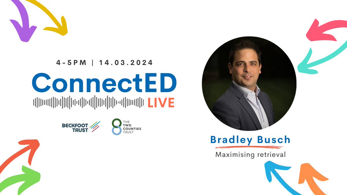 Start your week right by securing your spot for ConnectED Live's FREE online event this Thursday! Join us for an engaging discussion with @BradleyKBusch, focusing on maximising retrieval. shorturl.at/cACU9 @ttct_ceo @Shirley01756 #ConnectED #EdChat