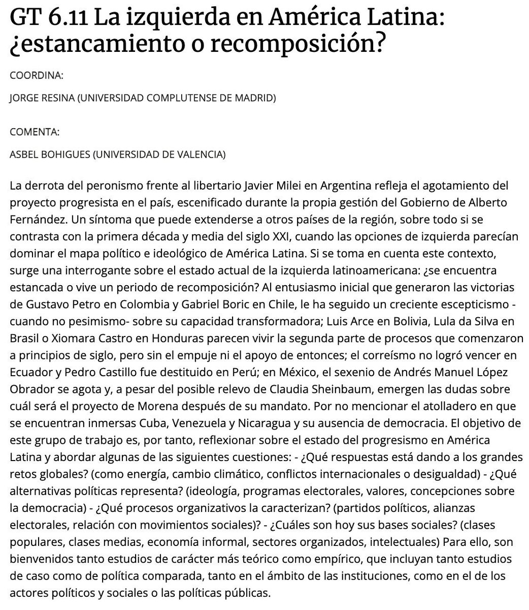 ‼️ ÚLTIMO DÍA para presentar ponencia @AECPA_ 👉 Todavía puedes mandar tu propuesta: GT 6.11 La izquierda en América Latina: ¿estancamiento o recomposición? aecpa.es/es-es/la-izqui…