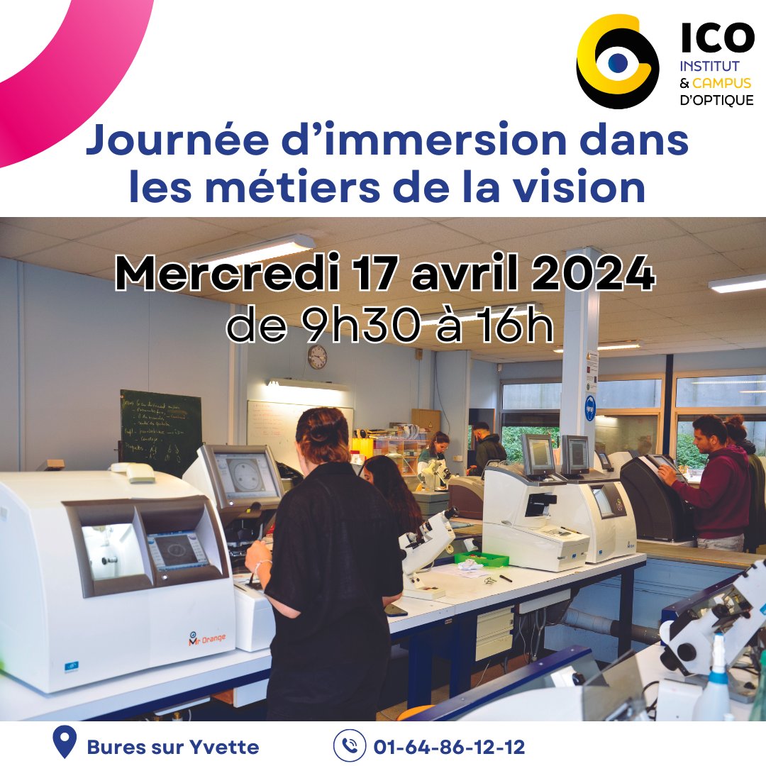 ICO_Bures's tweet photo. Viens te glisser dans la peau d'un opticien lors de la journée découverte des métiers de la vision.
 Le mercredi 17 avril, de 9h30 à 16h à l'Institut et Campus d'Optique basé à Bures-sur-Yvette 91440.
Découvres les formations proposées par L'ICO. https://t.co/szb60t79H4 https://t.co/WzIT8LTsts