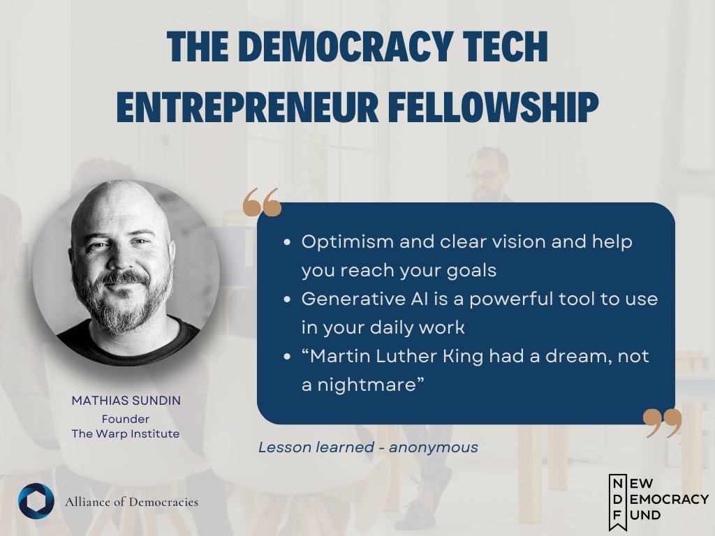 💡A big thank you to <a href="/MathiasSundin/">Mathias Sundin</a> of the <a href="/WarpInstitute/">Warp Institute</a> for teaching our fourth masterclass session of the Democracy Tech Entrepreneur Fellowship!

Mathias has continued to support our democracy tech fellows throughout the years.🙌