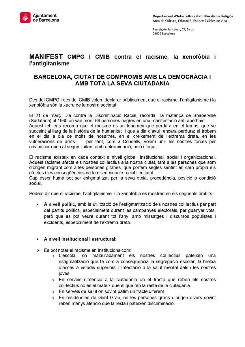 Catnova_'s tweet photo. MANIFEST CMPG I CMIB contra el racisme, la xenofòbia i l’antigitanisme. BARCELONA, CIUTAT DE COMPROMÍS AMB LA DEMOCRÀCIA I AMB TOTA LA SEVA CIUTADANIA https://t.co/6txawQpzhs