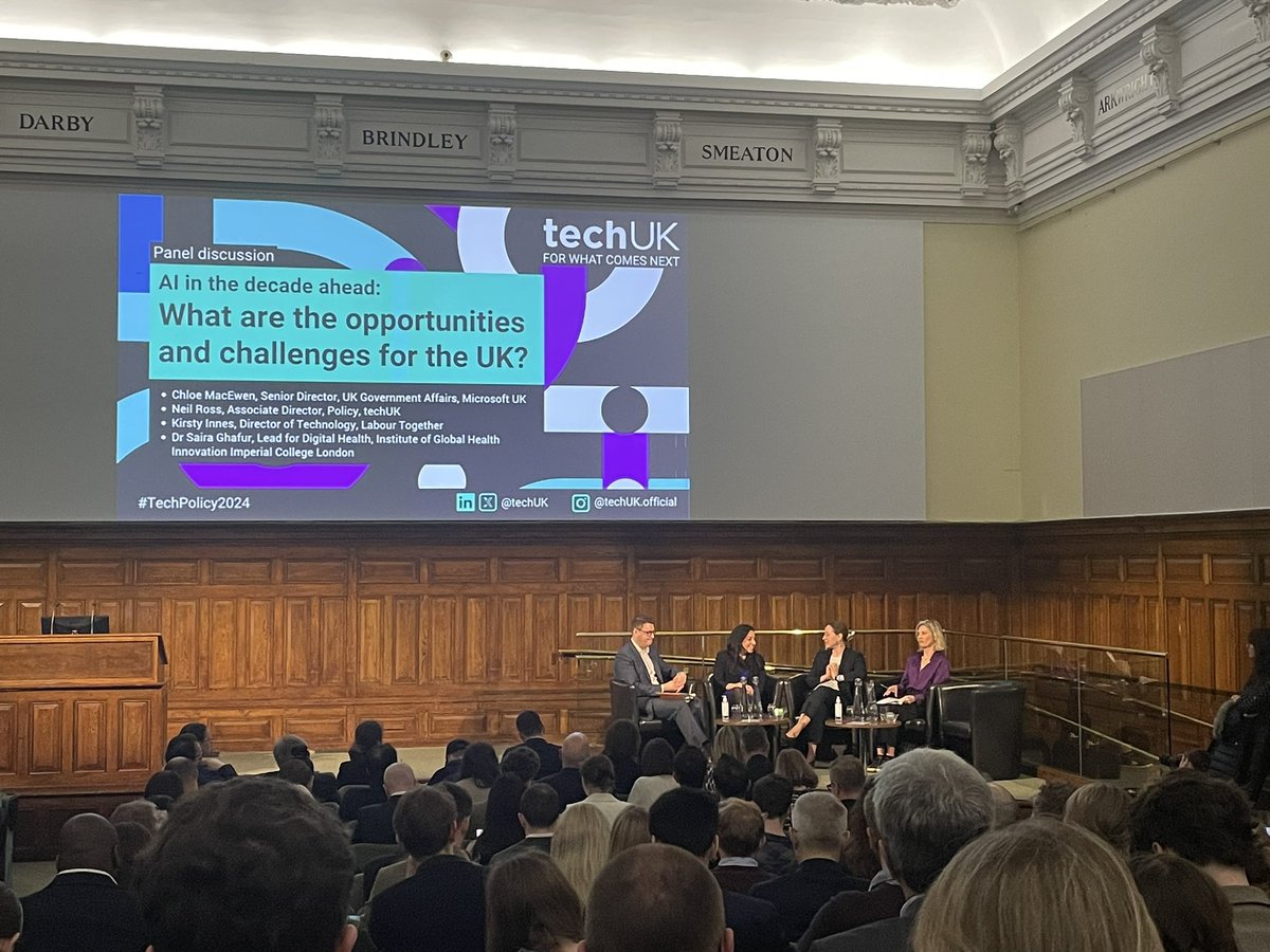 Fascinating session at #TechPolicy2024 on AI opportunities in the decade ahead, in particular on the challenges or deploying tech in the NHS from @sairaghafur - fragmented procurement to reimbursement - & @neil13r @kmei_ & Chloe MacEwen