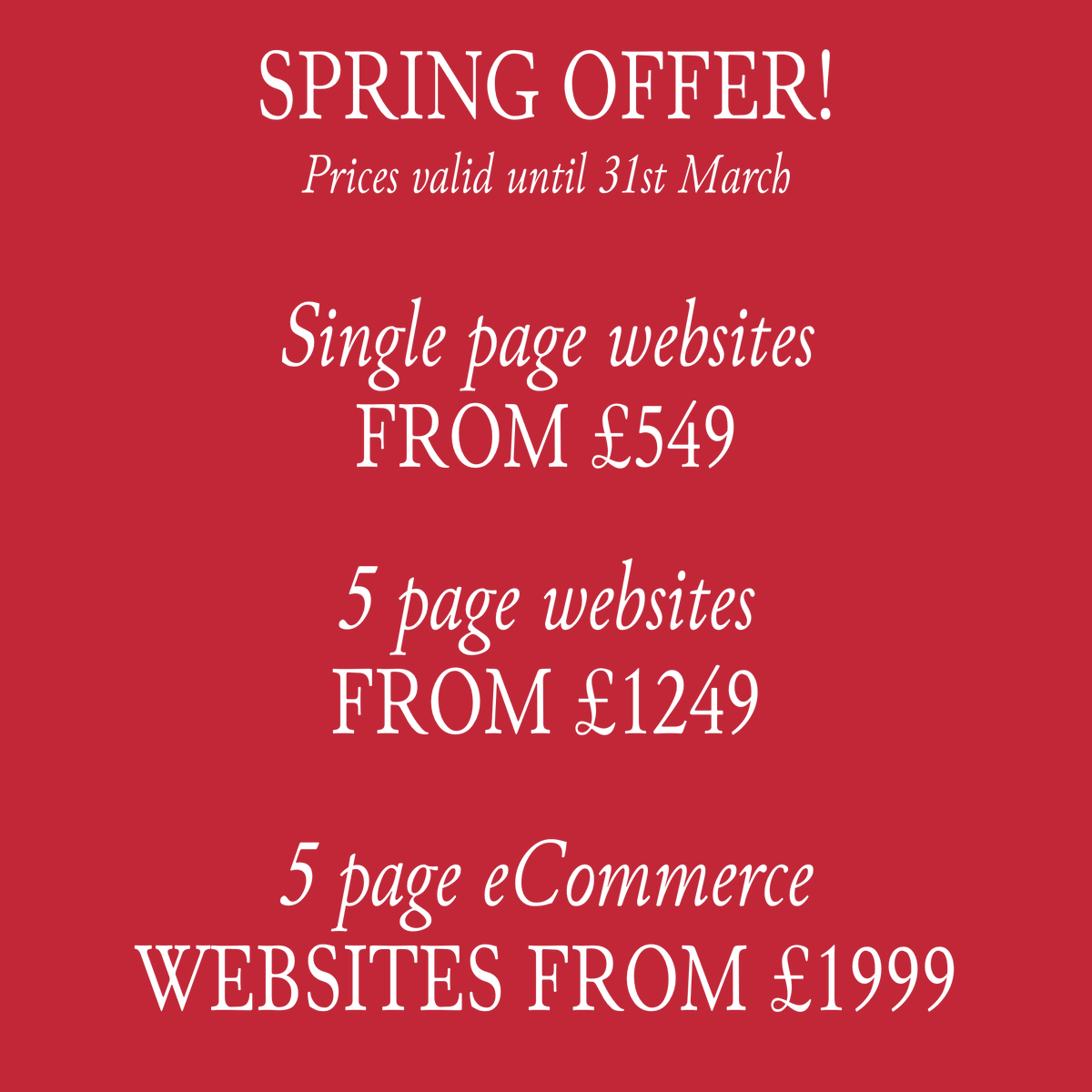 RedAlphaDesign1's tweet photo. Spring Offer!

Save up to £270 on a new website, secured with a 50% deposit by Mar 31st.

#webdesign #websitedesign #websitedevelopment #websitedeveloper #websitedesignagency #websitedesigncompany #websitedesignanddevelopment #websitedesigner #websitebuilder #websitedesigning https://t.co/6xTopfA2kT